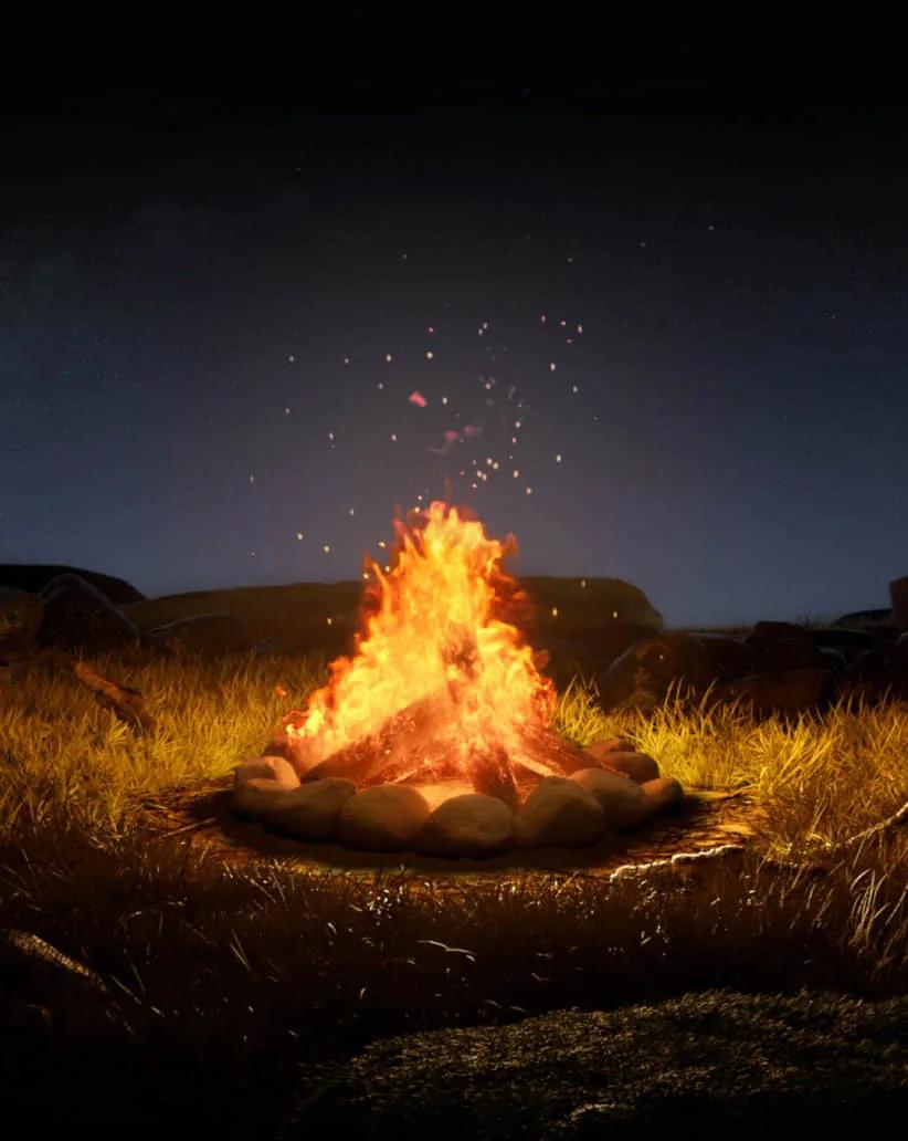 Una fogata encendida de noche